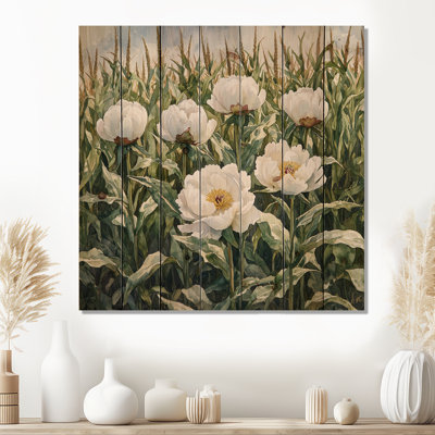 Pivoines d'été dans le champ de maïs I - Décoration murale en bois de pivoines - sur bois de pin naturel