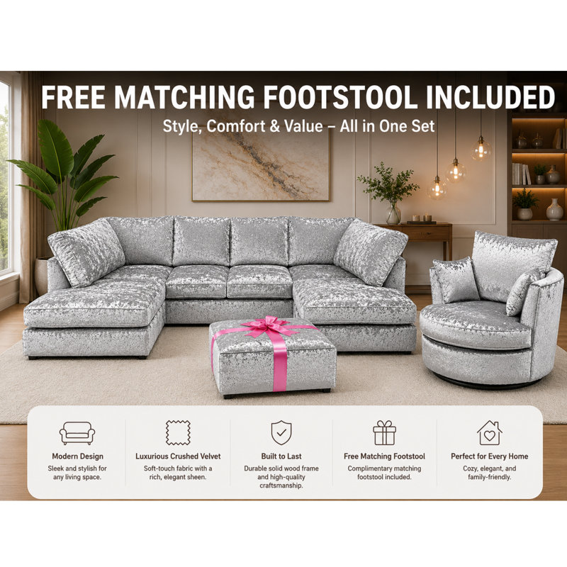7 Seater Velvet Sectional, Silver