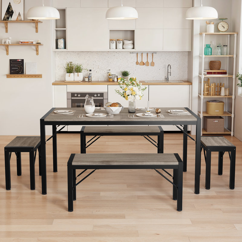 Ensemble de salle à manger 6 personnes avec deux bancs longs et deux bancs courts, Gris / Noir, 5 Pieces: Table, 4 Bench