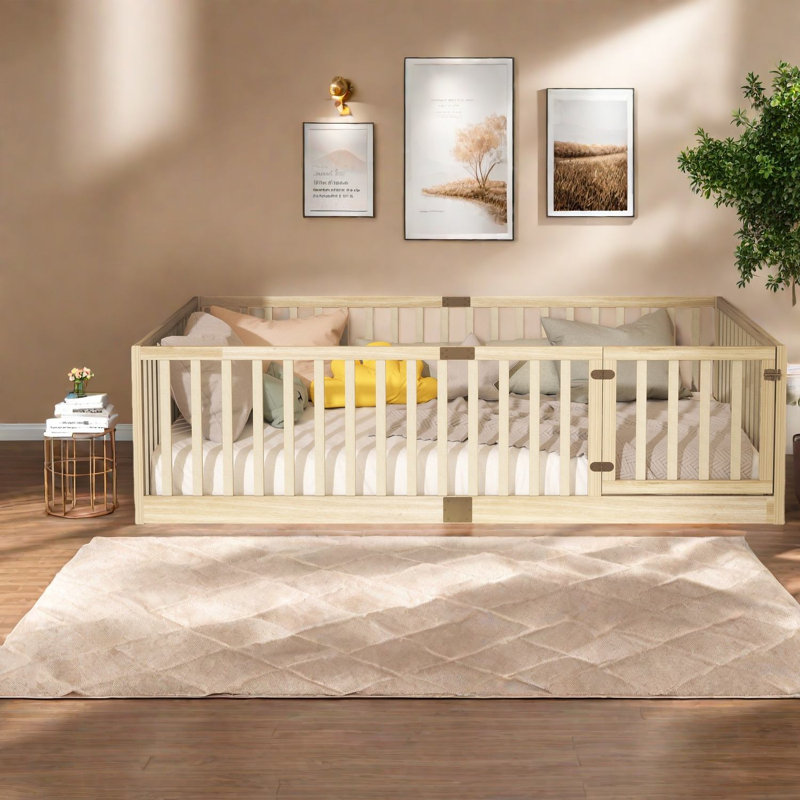 Lits de plancher multifonctionnels, bois d'hévéa de qualité supérieure, finition naturelle, idéal pour les espaces familiaux