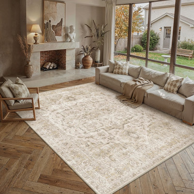 Artisanal Vintage Beige Area Rug With Machine Washable & Non-Slip