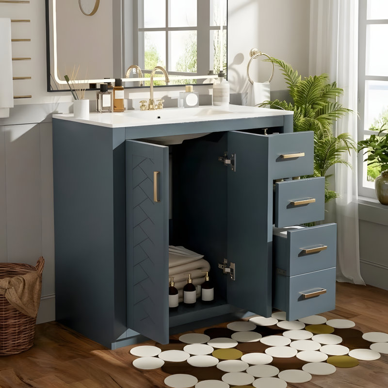 Meuble-lavabo de salle de bain avec lavabo en céramique, Bleu, 36