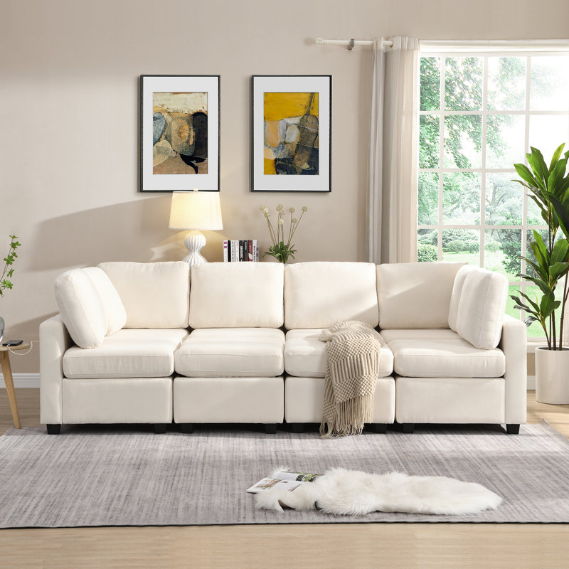 Canapé-lit modulaire avec deux repose-pieds amovibles et trois ports USB pour le salon, Beige