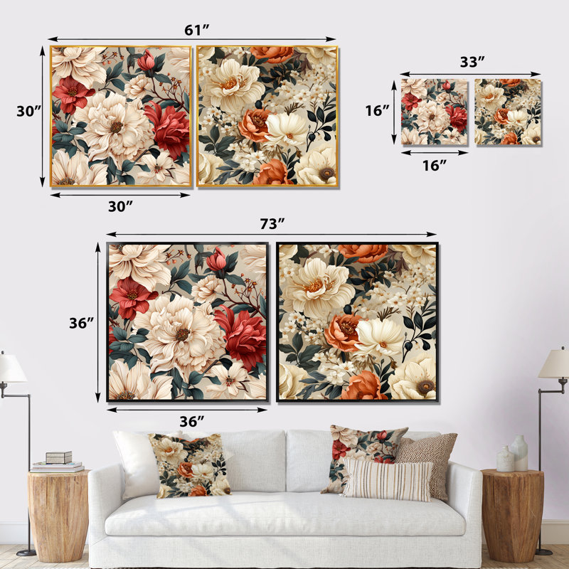 Lia - Ensemble de 2 reproductions d'art sur toile florales, Toile tendue, H 16 po x l 33 po x P 1 po