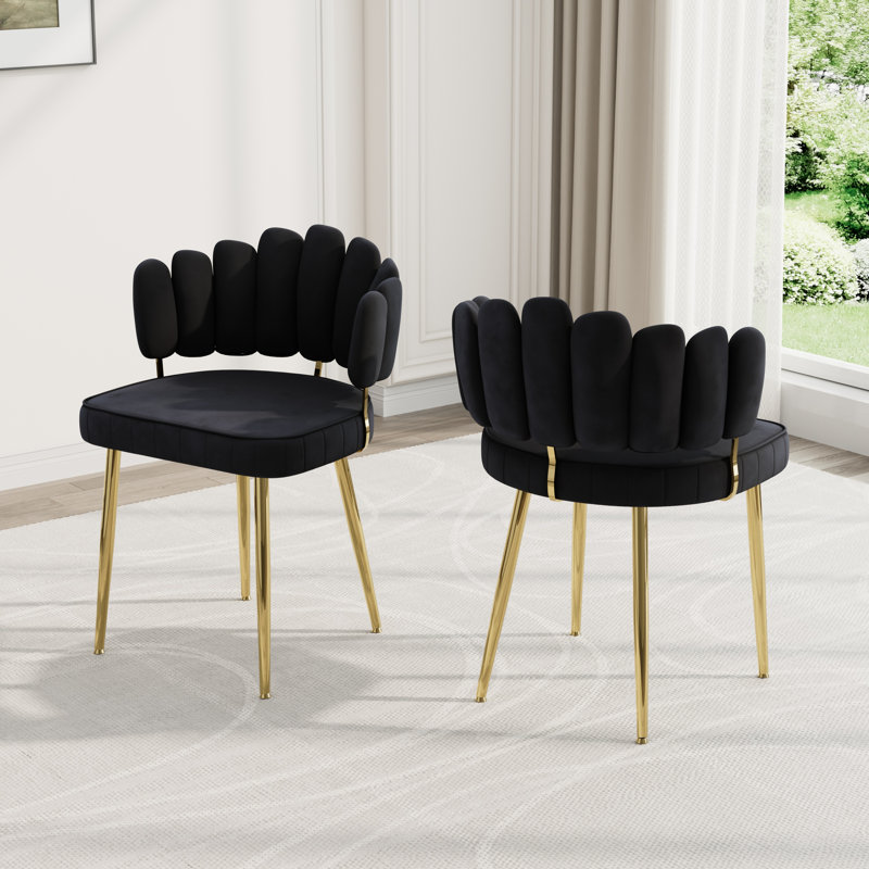Elegant Tufted Velvet Curved Weaved Back with Metal Legs Side Dining Chair Set, 2, Black