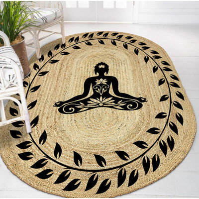 Tapis ovale en jute tissé à la machine beige / noir Aracely