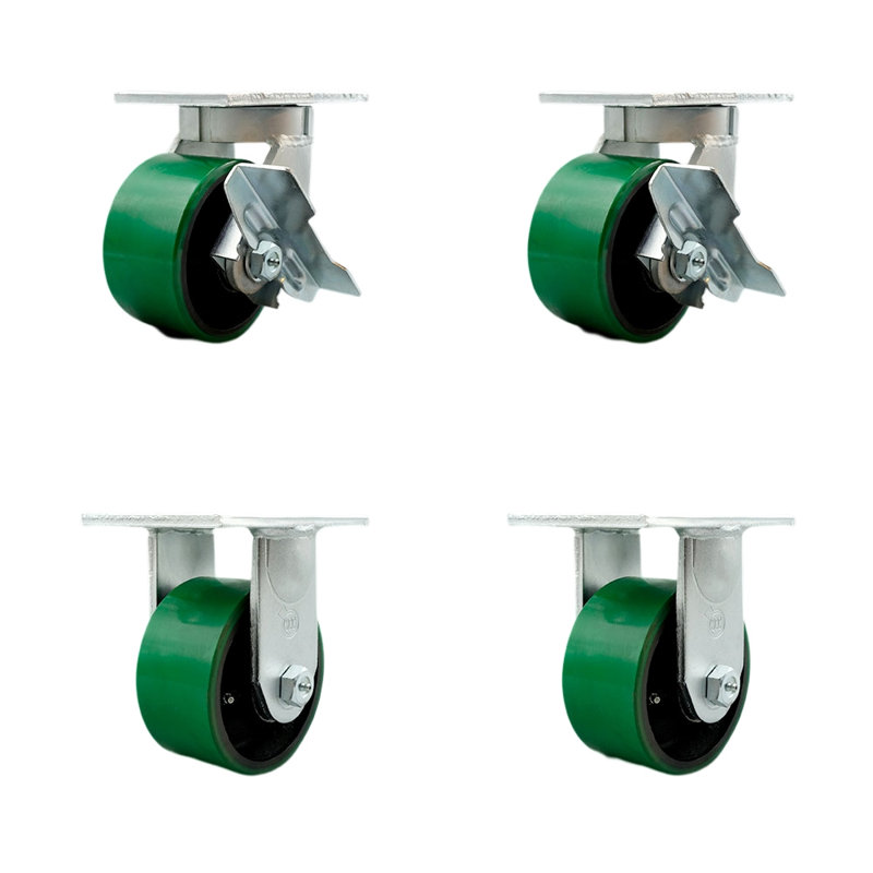Ensemble de roulettes robustes en poly sur métal 2 verrous pivotants / freins 2 rigides