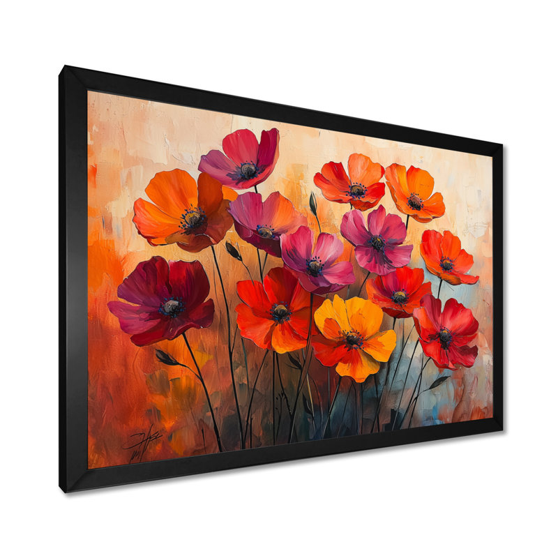 Jabryan orange dansant parmi les fleurs sauvages II - Art mural de fleurs sauvages pour le salon, H 30 po x l 40 po