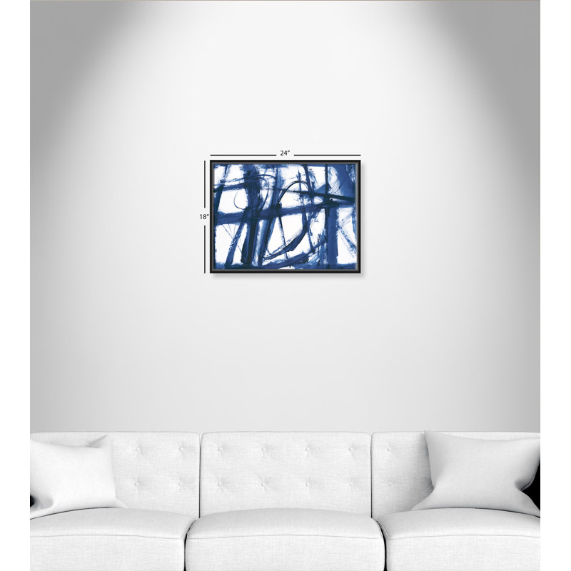 Ludique indigo-floater, peinture sur toile, Cadre noir, H 18 po x l 24 po x P 2 po