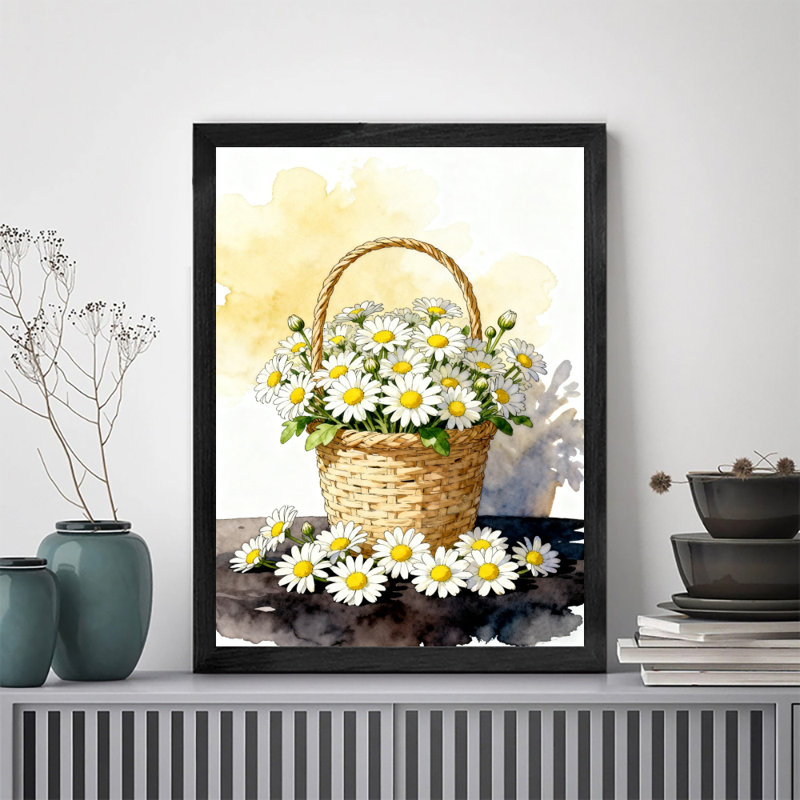 Art encadré noir, panier de fleurs rempli de marguerites, impressions de style rétro, 11" H x 9" W