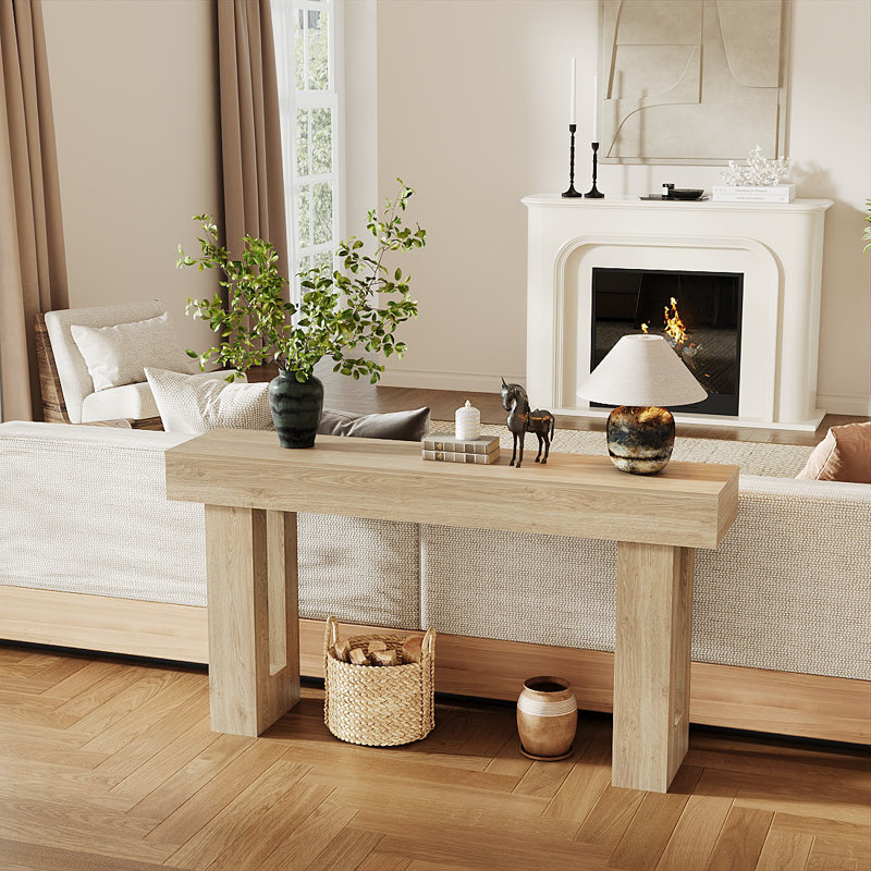 Console 63 po en bois de style ferme rectangulaire avec entrée étroite et canapé, Bois naturel