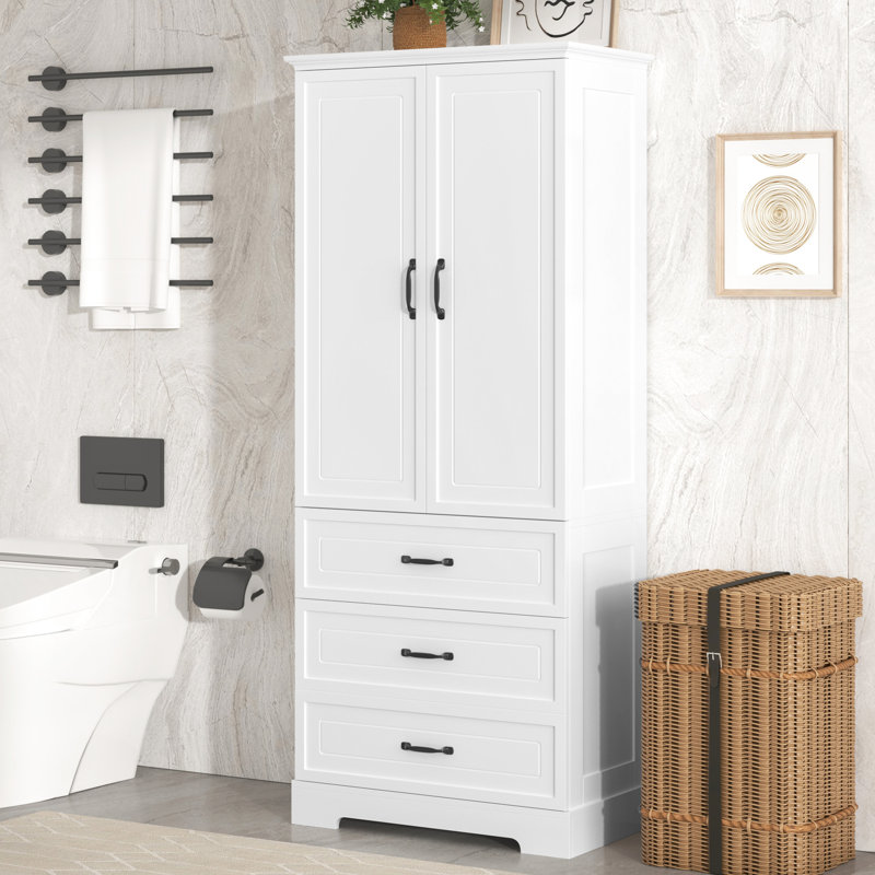 Armoire de salle de bain haute en blanc - 2 portes, tiroirs, tablette réglable, volume de rangement abondant, équipement blanc, grand espace,