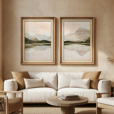 «Soft Pastel Mountains Calm Reflection Landscape», ensemble de 2 reproductions d'art encadrées de qualité supérieure sur papier 26 po x 36 po