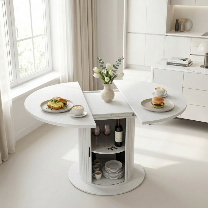 47"- 63" Extendable Round Oval Dining Table For 2-8 Person, 2-Tier Storage Kitchen Table With Dust-Proof Shelf, White, White