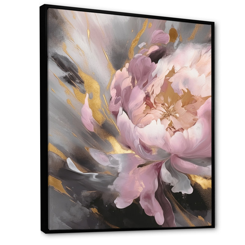 Reproduction d'art sur toile pivoine enchantée rose et or I, H 44 po x l 34 po, Cadre flottant noir