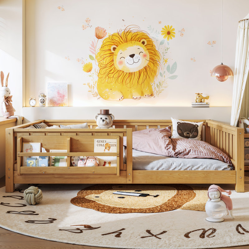 Structure de lit double avec bibliothèque intégrée, lit plateforme pour enfant Safety Guard, naturel clair, Full