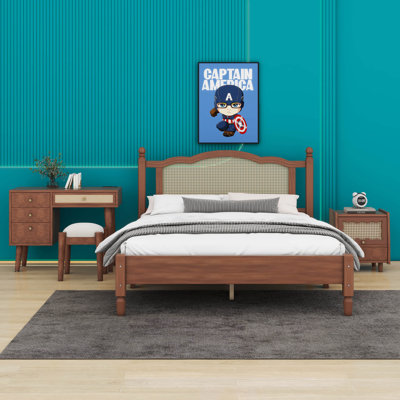 Ensemble de chambre à coucher 3 pièces avec cadre de lit en bois, 1 table de chevet rétro et 1 coiffeuse avec tabouret Avree