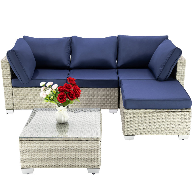 Ensemble de conversation modulaire en rotin 5 pièces avec coussins, Bleu, Beige
