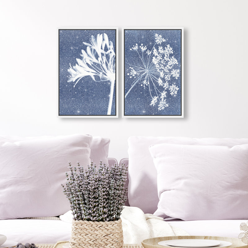 Cyan Flowers Set Set by Oliver Gal, 11"H x 16"W, White Floater Frame