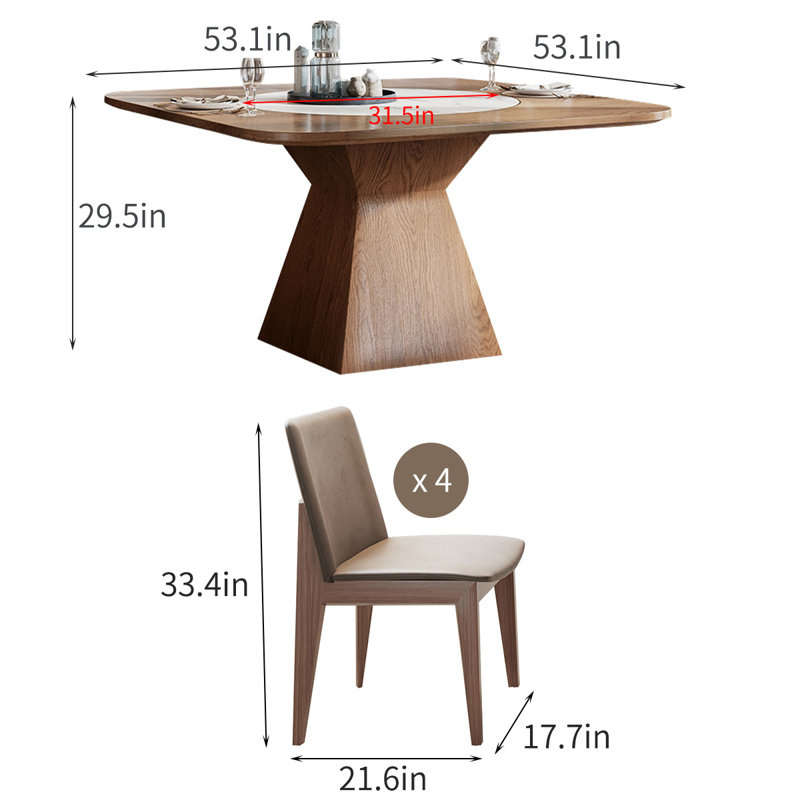 Modern Rotatable Square Wooden Dining Table Sets, 29.5"H x 53.1"L x 53.1"W