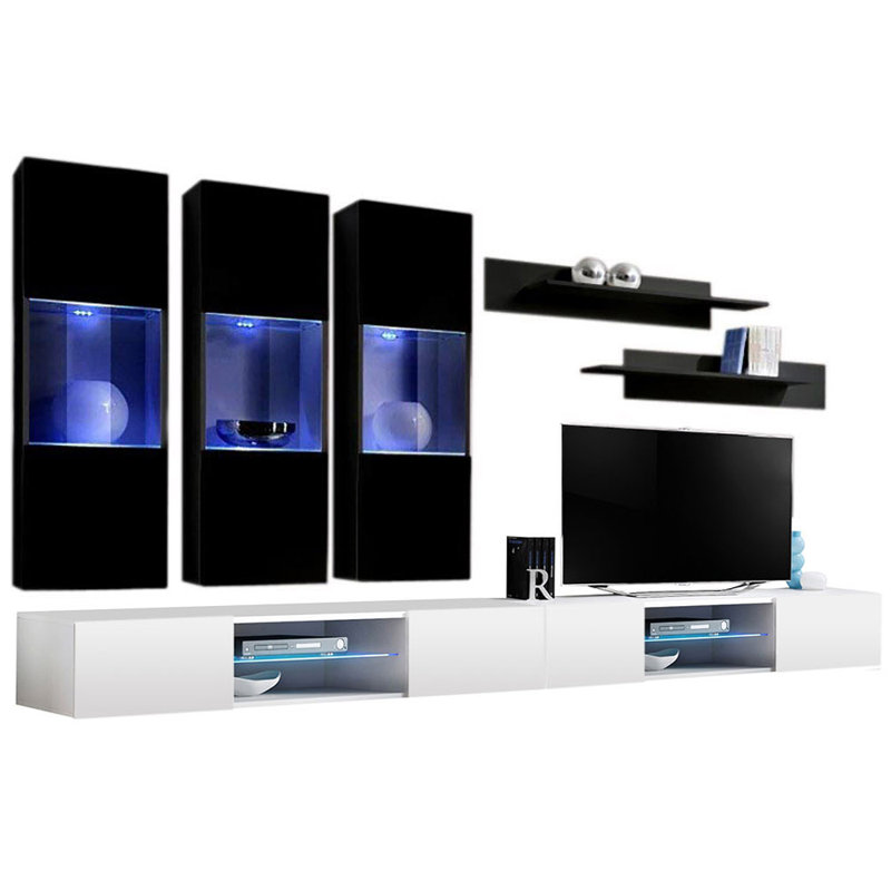 126" Modern Floating Wall Mounted Entertainment Center with 16-Color LED Lighting, High Gloss Finish, Black/White