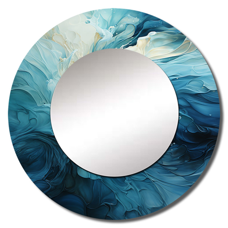 Turquoise bleu et blanc Serenity Swirl III - miroir mural unique à spirales abstraites, miroir rond moderne, impression d'art en métal