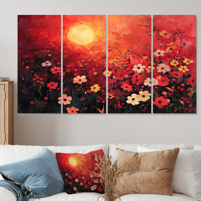 Red Sunset Wildflowers Glory III - décoration murale fleurs sauvages - art mural traditionnel 4 pièces