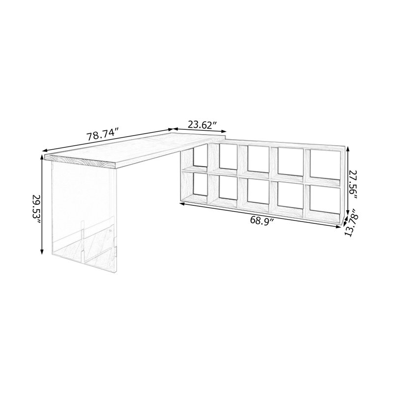 78.74"Light walnut L-Shaped Solid Wood desk, H 29,53 po x l 78,74 po x P 23,62 po