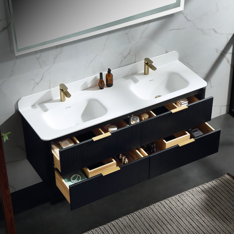 Ensemble de meuble-lavabo mural 60 po à double paroi flottante cannelée avec lavabo double en acrylique intégré et 4 tiroirs à fermeture en douceur 60 po