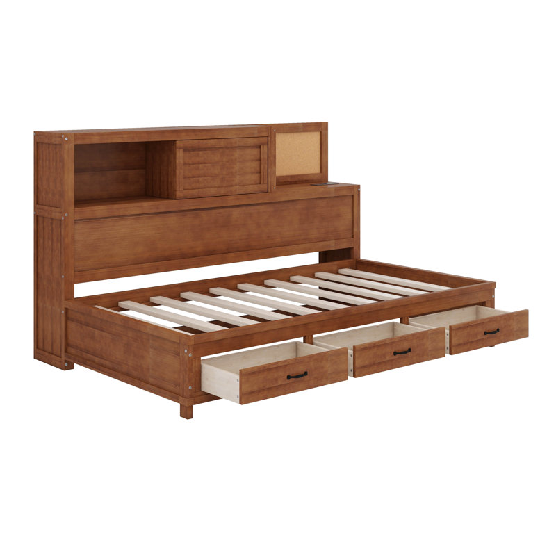 Lit de jour en bois avec tiroirs, tête de lit, tablette et ports USB, Noyer