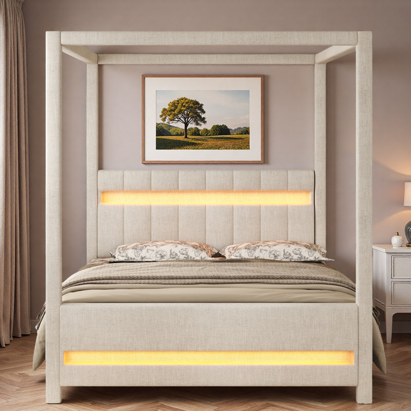 Lit plateforme à baldaquin avec tête de lit tapissier et lumières DEL