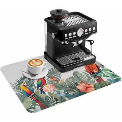 Tapis de cuisine/bar à café, sous-tapis absorbant antidérapant, motif floral aquarelle, 45,7 x 76,2 cm (18 x 30 pouces), idéal pour égoutter la vaisselle et poser sur le comptoir. Motifs : perroquets, feuilles de palmier et feuilles tropicales. Dimensions : 45,7 x 76,2 cm (18 x 30 pouces).