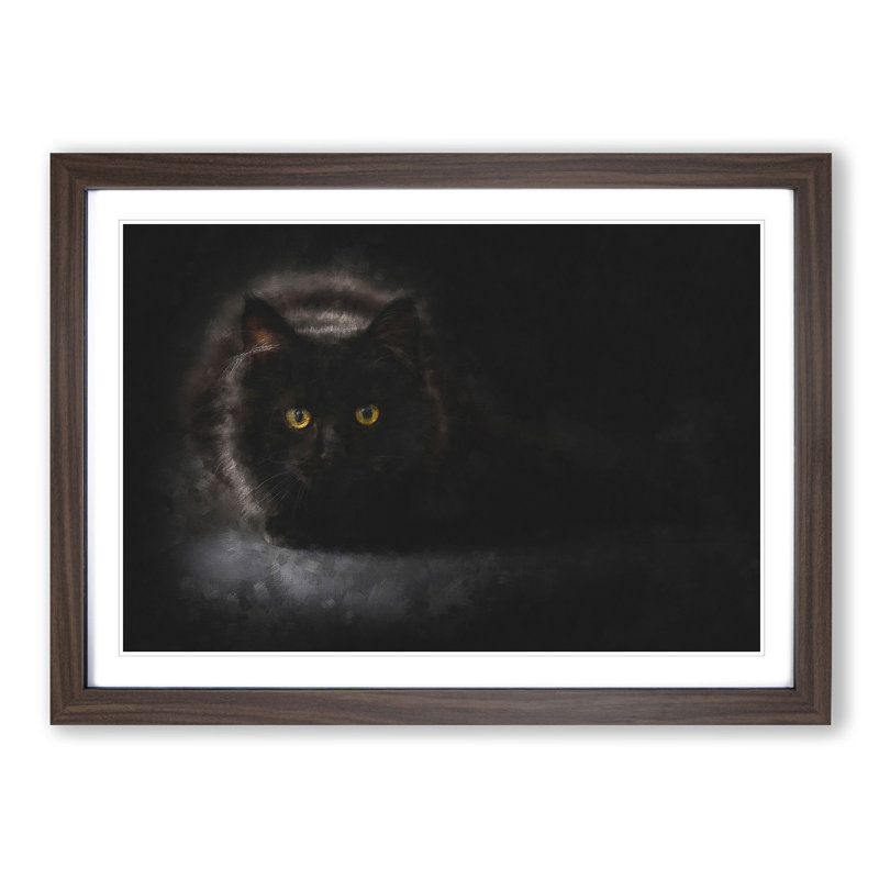 Black Cat with Yellow Eyes - Picture Frame Painting Print, 62cm H x 87cm W x 2cm D, Walnut Framed