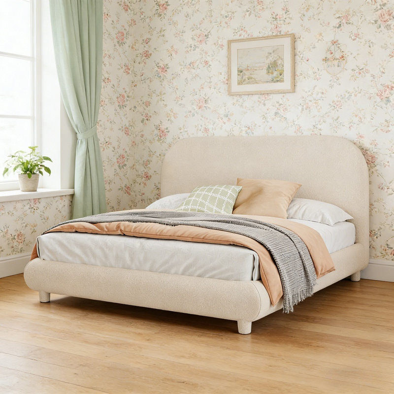 Lit plateforme tapissier en polaire Teddy, Beige, Grand lit