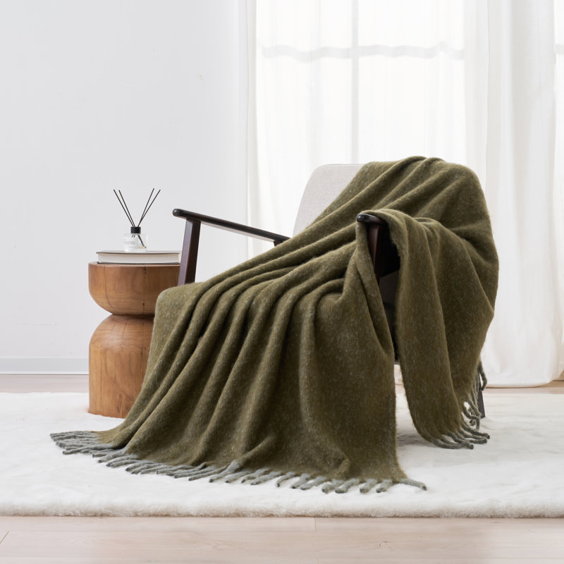 Faux Mohair Throw - Soft Fringed Blanket, Moss Green
