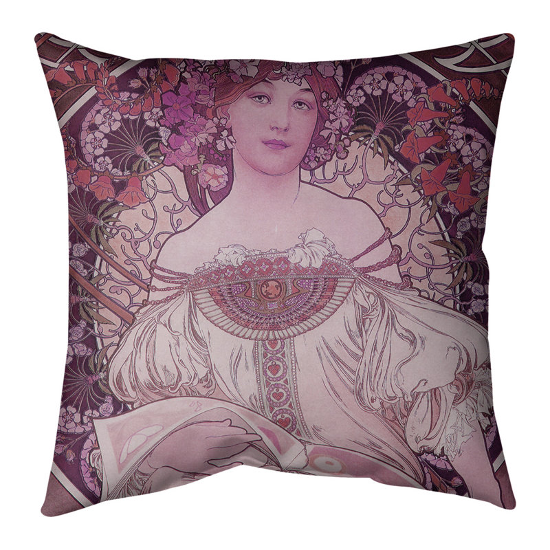 Housse et insert de coussin carré Alphonse Mucha Lady, 14 po x 14 po, Bourre en polyester, Rouge