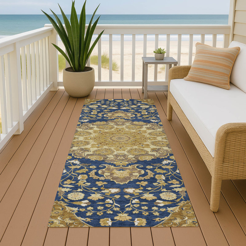 Tapis damassé intérieur / extérieur lavable à la machine ACN2611, Marine, Tapis de couloir 2 pi 3 po x 7 pi 6 po