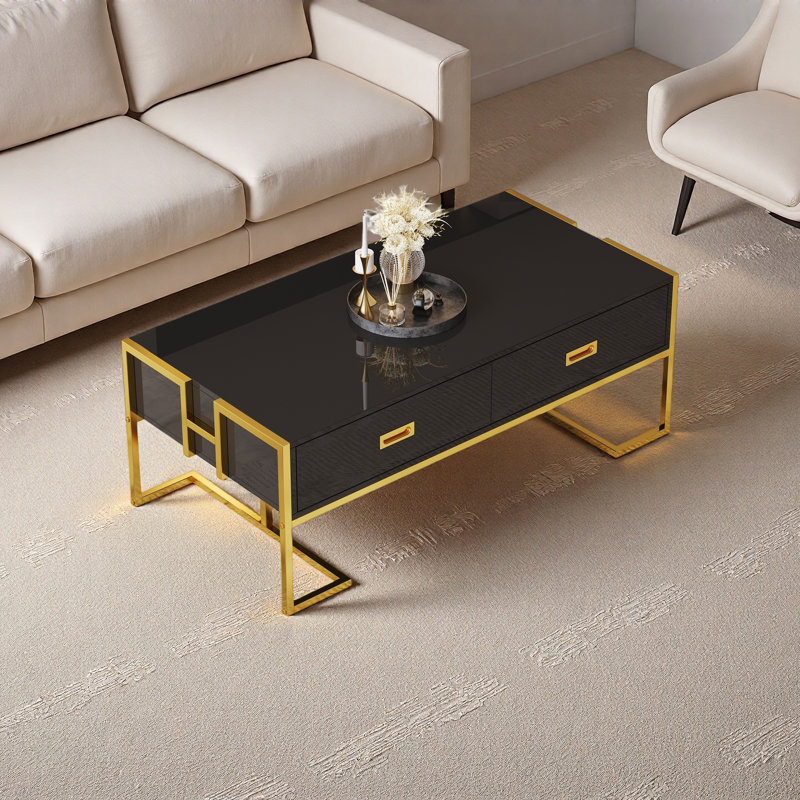 Table basse moderne moderne avec 4 tiroirs et base dorée de 47,3 po, Noir