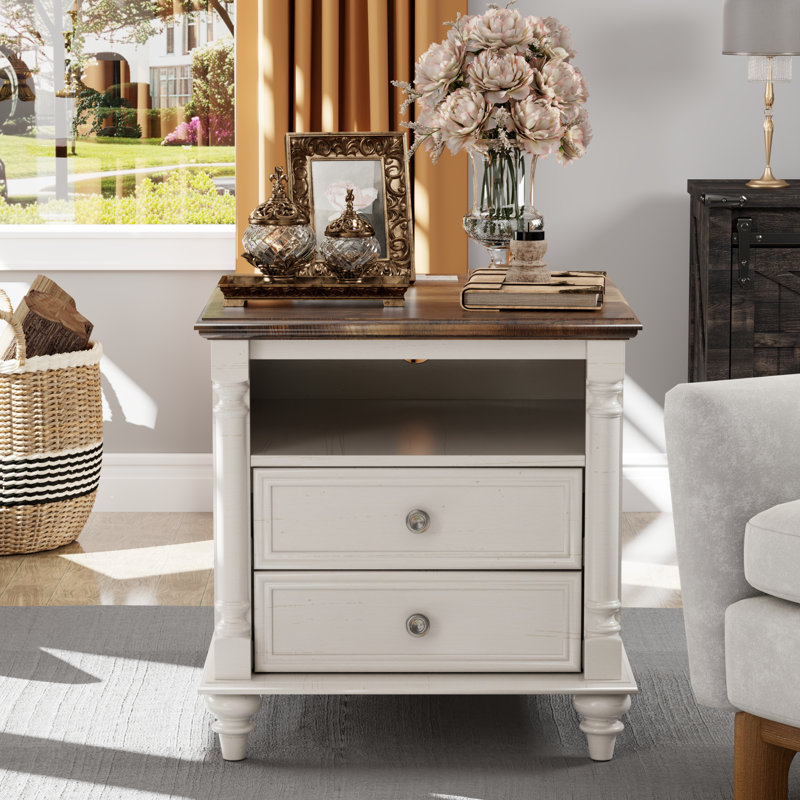 2 - Drawer End Table With Storage And Charging Station, White, Brown Wood