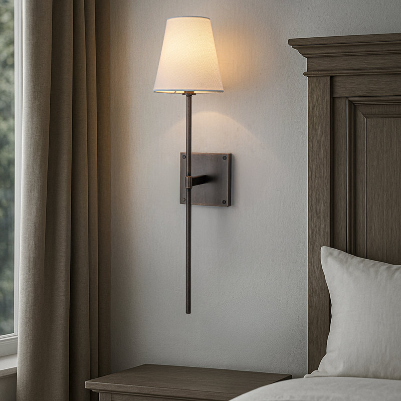 25" Tall Transitional Wall Sconce In Bronze With Modern Farmhouse Fabric Wall Light Fixture For Hallway Bathroom