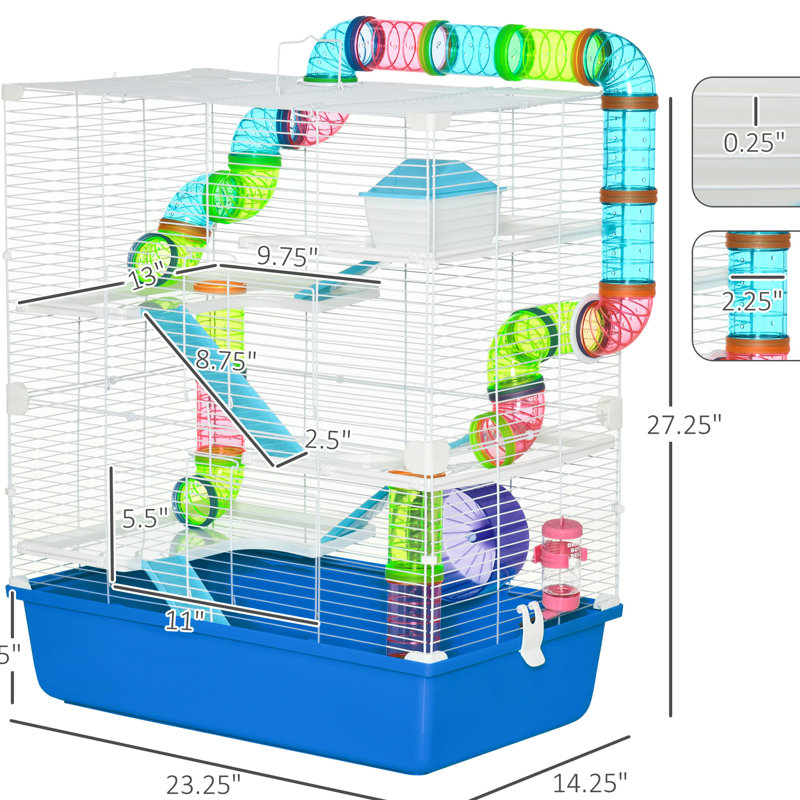 Très grande cage à hamster de 23 po à 5 niveaux avec tubes, tunnels avec poignées, roue d'exercice, bouteille d'eau et plat à nourriture