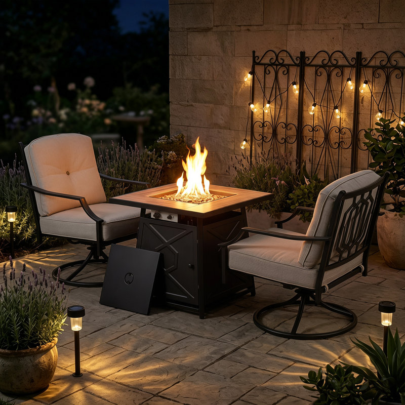 3-Piece Outdoor Fire Pit Set with 2 Swivel Sofas, ETL Certified