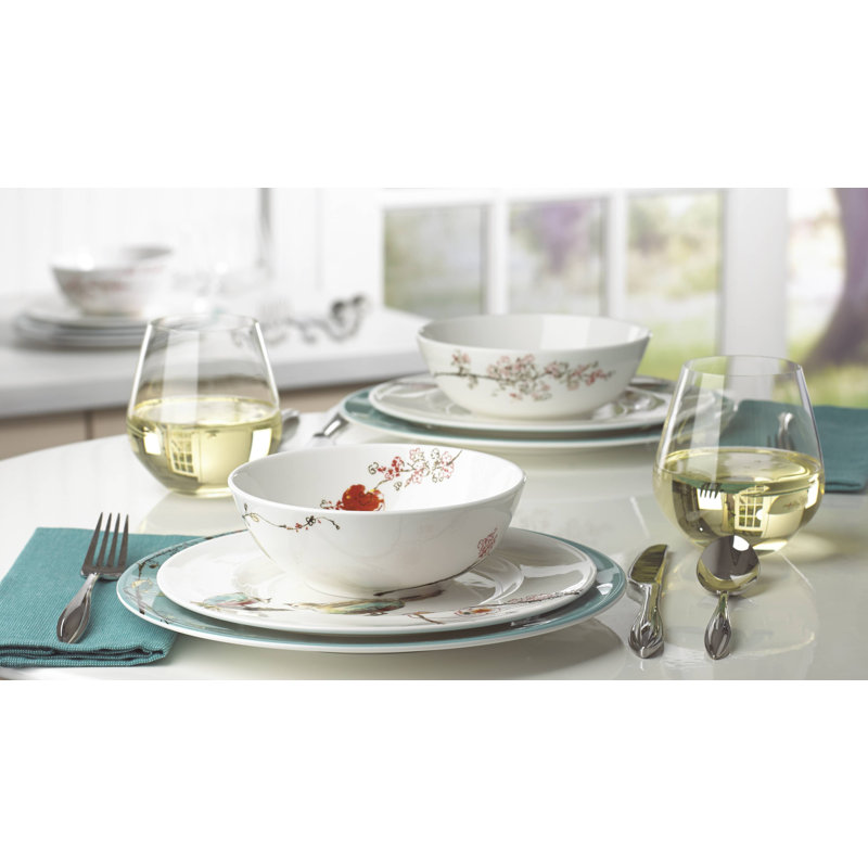 Chirp 4 Piece Bone China Place Setting with Teal Accents