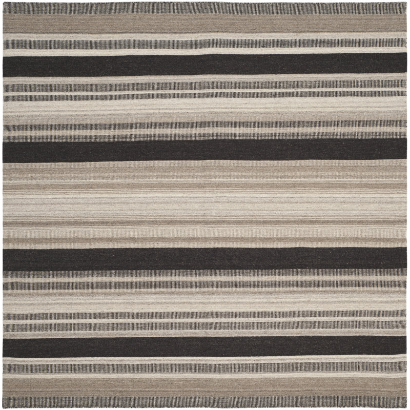 Rodgers Hand Woven Flat Weave H. S. Wool/Cotton Striped Rug in Black/Beige/Brown, Square 6' x 6'