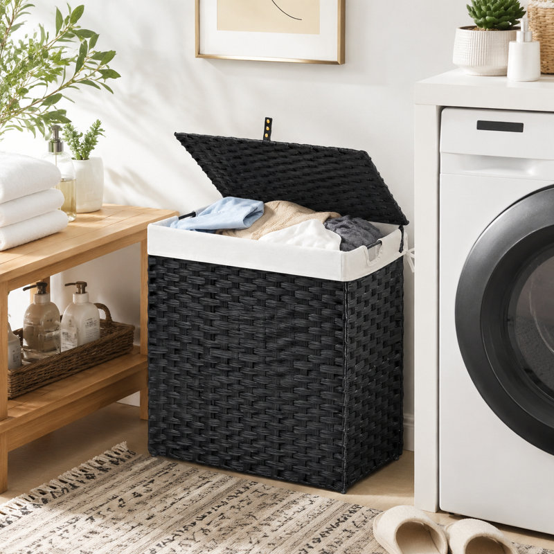 Household Foldable Woven Laundry Basket — Stylish Black Finish, 110L Large Capacity — Features Lid And Handles; Includes Two Removable Liner Bags
