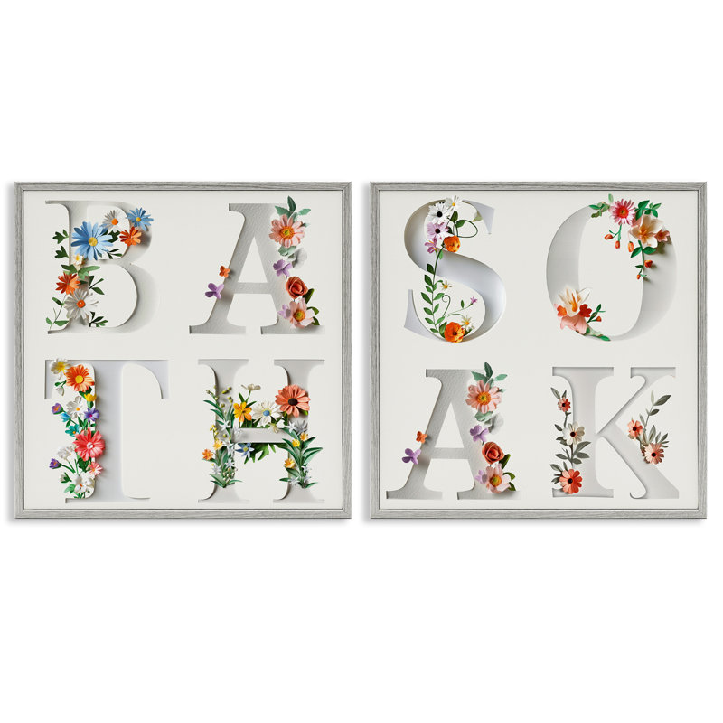 «Relaxing Floral Bathroom Typographie», ensemble de 2 giclées encadrées, design par Susan Arnot, Estampe numérique Farmhouse
