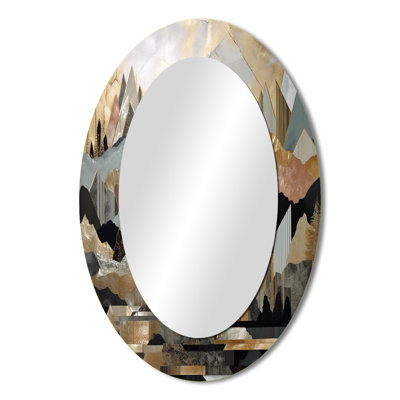Grey And Gold Geometric Horizons I - Gray Modern Oval Wall Mirror