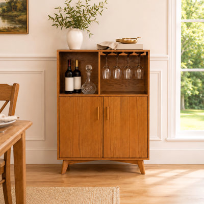31.5" Wine Bar Cabinet with Wine Rack, Glass Holders, Adjustable Shelf and Oak Veneer