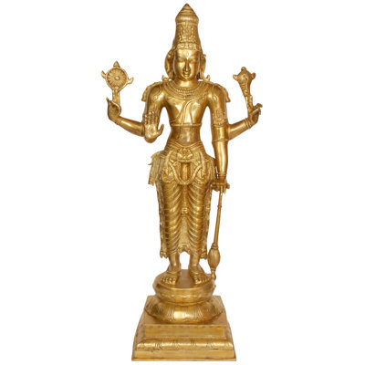 Handmade 20" Brass Sthanaka Vishnu Statue – Indian Four-Armed Guardian Idol for Home Temple, Living Room & Premium Gift Décor
