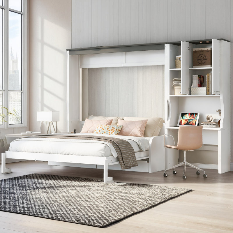 Lit escamotable pliable multifonctionnel avec canapé intégré, lit escamotable en bois avec bureau et armoire de rangement